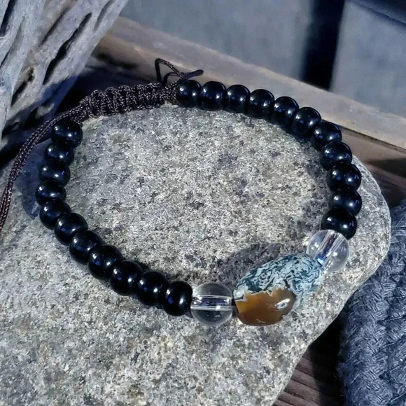 Handcrafted Tibetan Moss Agate Black Beads Healing Energy Gemstone Bracelet - Picture 4 of 6